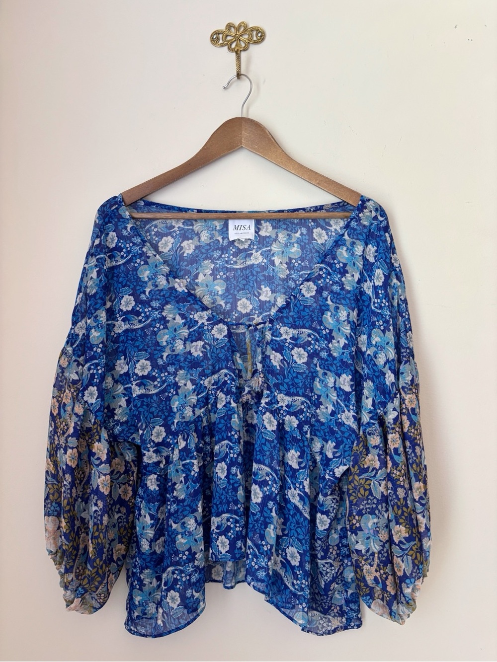 MISA Los Angeles Joa Blue Metallic Floral Blouse Small Feminine Boho Revolve